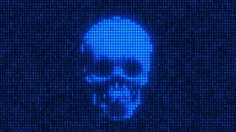 Binary code and a glowing skull of ones and zeros appearing. Stock Footage 281088104