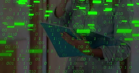 Binary code and green data processing animation over person using tablet 動画素材 303607898