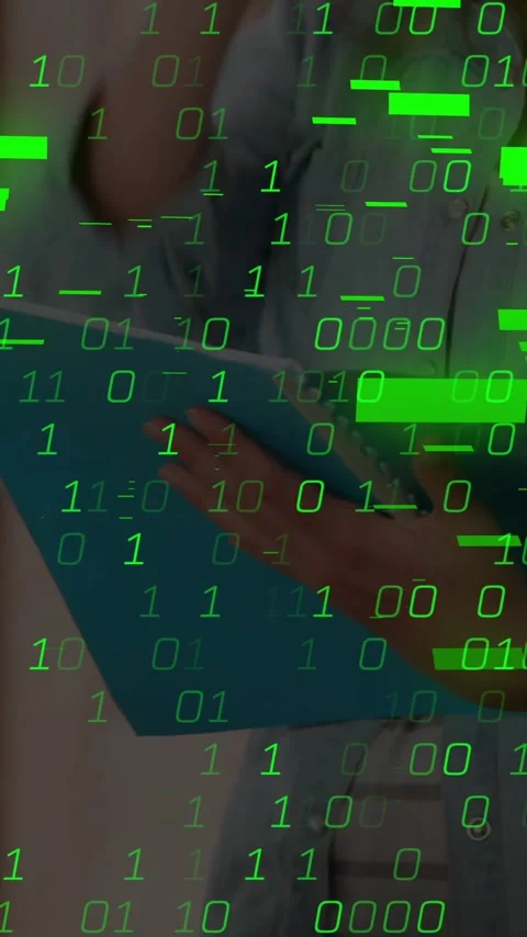 Binary code and green data processing animation over person using tablet Stock Footage 319811448