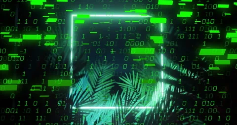 Binary code and green digital elements over tropical plants in animation Stock Footage 306339647