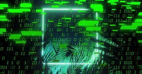 Binary code and green digital elements over tropical plants in image Stock Illustration