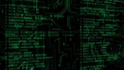 Binary code and hacker text interface overlay on circuit board backgroun Stock-Footage 335960322