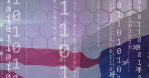 Binary code and hexagonal grid animation over waving American flag Stock Footage 304767014