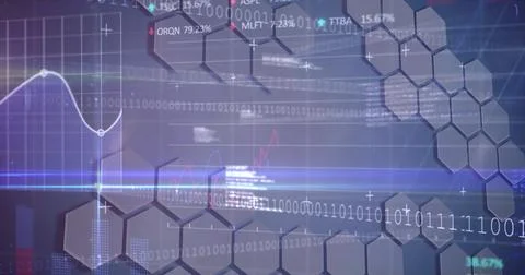 Binary code and hexagonal patterns creating digital data visualization on Stock Photos