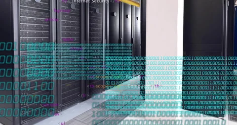 Binary code and HTML tags over server racks in data center, highlighting Stock Footage 307736818