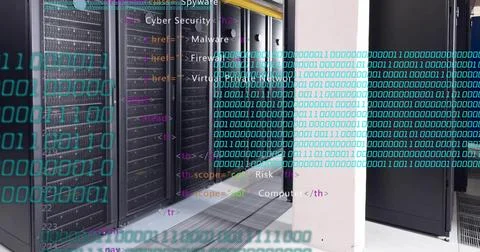 Binary code and HTML tags over server racks in data center, highlighting Foto stock