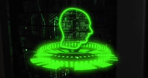 Binary code and human head hologram animation over digital interface Stock Footage 305526513