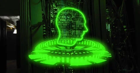Binary code and human head hologram animation over server room background Stock Footage 327645086