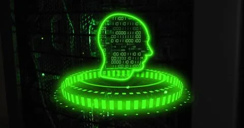 Binary code and human head hologram image over digital interface Stock Photos