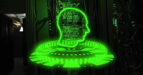 Binary code and human head hologram image over server room background 库存照片