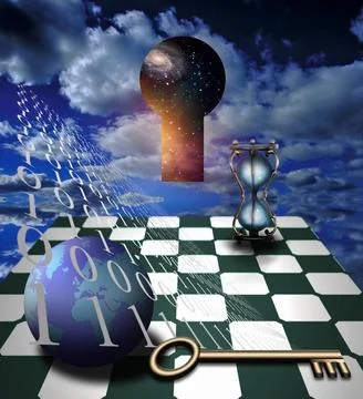 Binary Code and Key Symbolic composition. Earth model. Binary Code, hourgl... Stock Photos