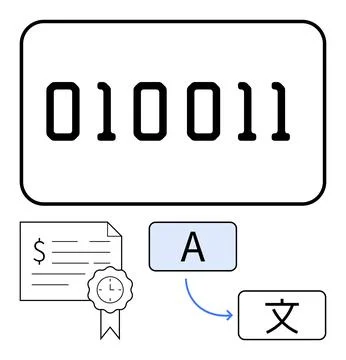 Binary Code and Language Translation with Document and Certification Elements Stockillustratie