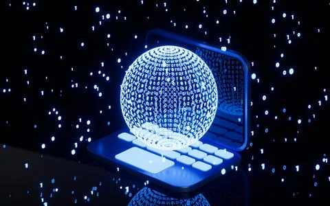 Binary code and laptop, Global digital communication, 3d rendering. Stockillustratie