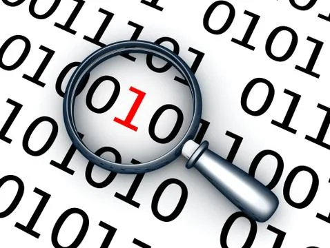 Binary code and lens (done in 3d) Illustrazione stock