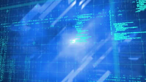 Binary code and light burst creating abstract animation on digital blue Stock Footage 303468413