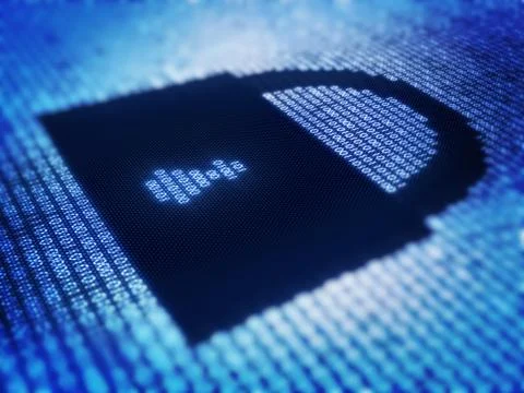 Binary code and lock shape on pixellated screen Stock Illustration