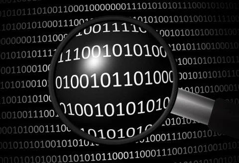Binary code and magnifying lens on black background Stock Illustration