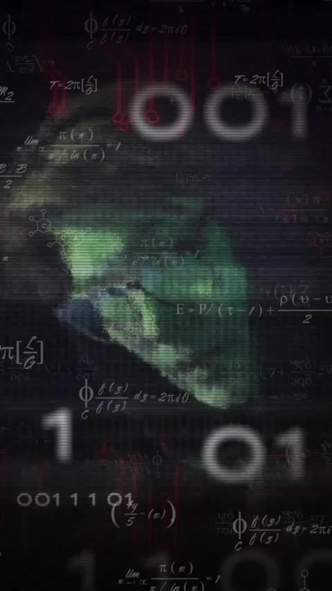 Binary code and mathematical formulas animation over person in dark background Stock Footage 320034534