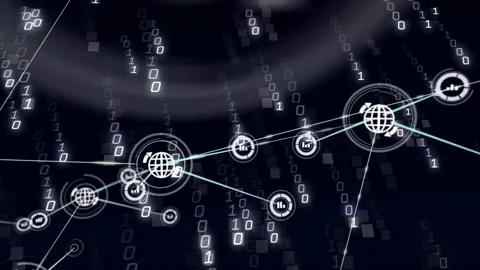 Binary code and network connections animating on dark background with digital Stock Footage 304256670