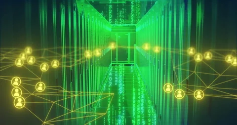 Binary code and network connections animation over green-lit data center Video stock 304767645