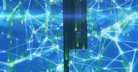 Binary code and network connections animation over blue digital background Stock Footage 306636395