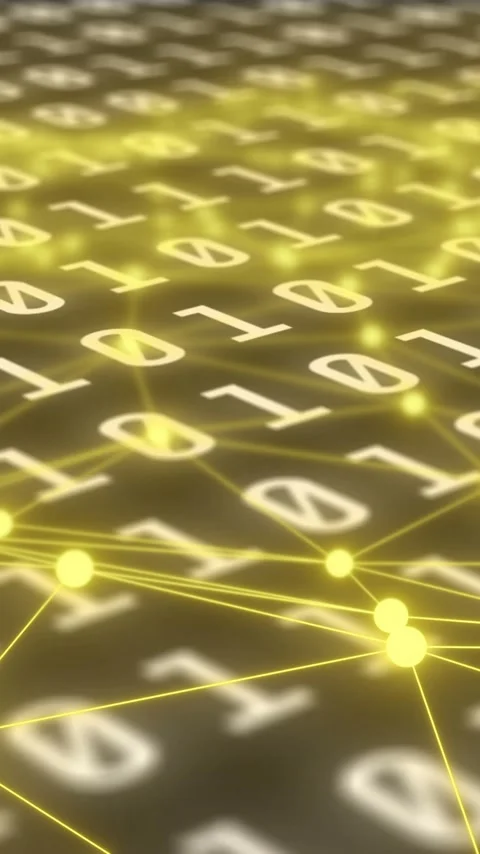 Binary code and network connections animation over yellow glowing nodes Stock Footage 323780971