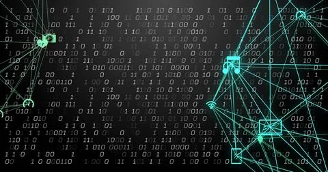 Binary code and network connections image over dark background Stockillustratie