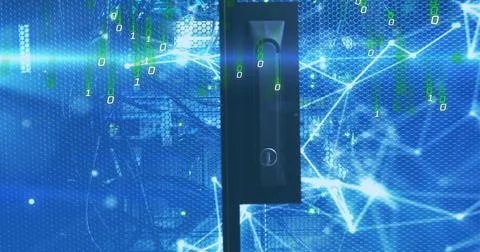 Binary code and network connections image over blue digital background Illustrazione stock