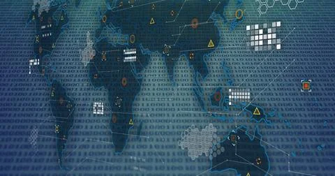 Binary code and network connections image over world map Stock Photos