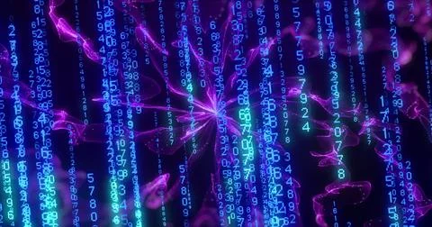 Binary code and neural network image over abstract digital background Stock Illustration