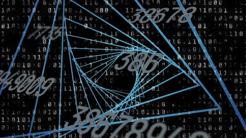 Binary code and numbers animation over geometric shapes on black background Video stock 305526195