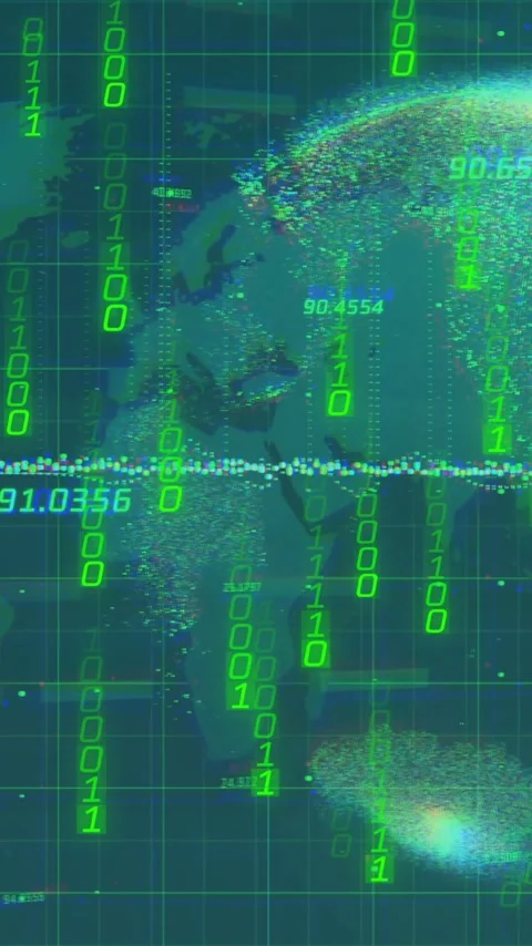 Binary code and numerical data over digital globe and world map animation Stock Footage 320150446