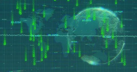 Binary code and numerical data over digital globe and world map image Stock Illustration