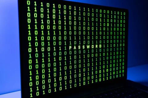 Binary code and Password word background on laptop computer screen Binary ... Stock Photos
