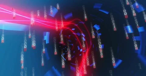 Binary code and red lines image over blue and black background 스톡 일러스트