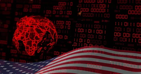Binary code and red world map animation over American flag Video stock 304767530