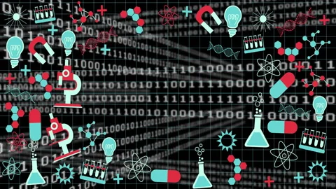 Binary code and scientific icons animation over black background with grid Stock Footage 306719020