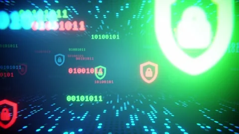 Binary code and security shields flying through a futuristic digital data stream Stockbeeldmateriaal 347806896