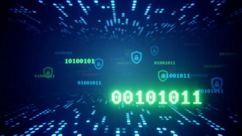 Binary code and security shields flying through a futuristic digital data stream Illustrazione stock
