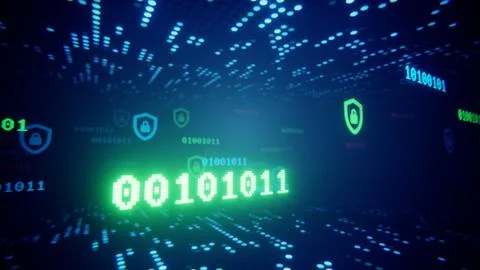 Binary code and security shields flying through a futuristic digital data stream Stock Illustration