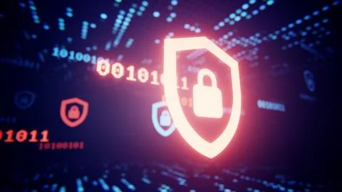 Binary code and security shields flying through a futuristic digital data stream Stock Illustration