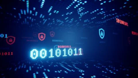 Binary code and security shields flying through a futuristic digital data stream Ilustração Stock