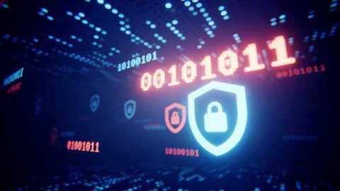 Binary code and security shields flying through a futuristic digital data stream Ilustração Stock