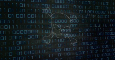 Binary code and skull with crossbones animation over digital background Stock Footage 305292535