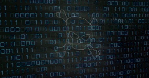 Binary code and skull with crossbones animation, representing cybersecurity Stock Footage 305292628