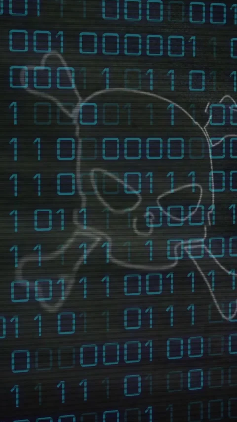 Binary code and skull with crossbones animation over digital background Stock Footage 320034242