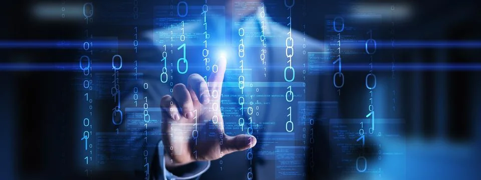 Binary Code and Software Programming Visualization with Interactive Digital I Foto stock