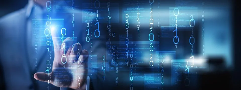 Binary Code and Software Programming Visualization with Interactive Digital I Foto stock