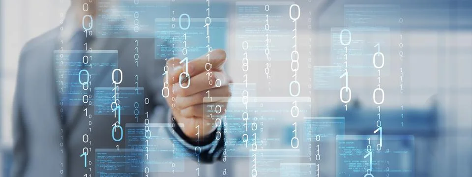 Binary Code and Software Programming Visualization with Interactive Digital I Foto stock