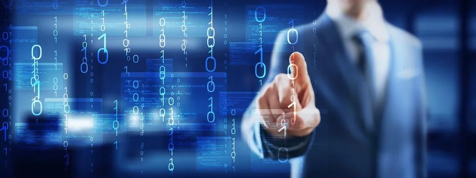 Binary Code and Software Programming Visualization with Interactive Digital I Foto stock